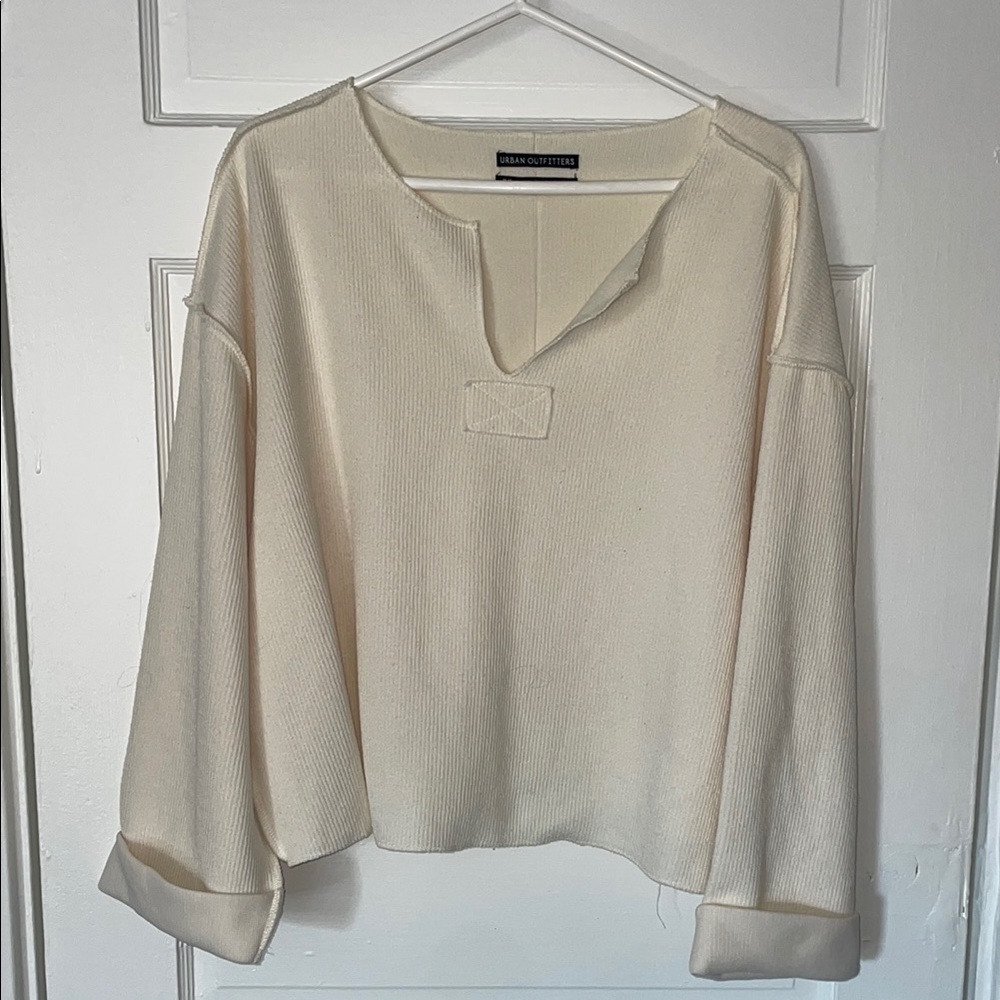 Urban Outfitters Cream Ribbed V-Neck Long Sleeve Sweater